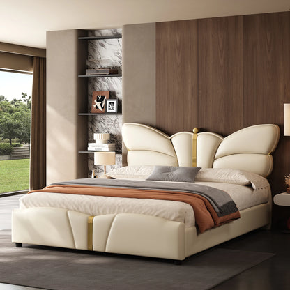 Queen Size Upholstered PU Leather Bed Frame with Butterfly HeadboardandFootboard, Modern Platform Bed with Gold Metal Accents, W
