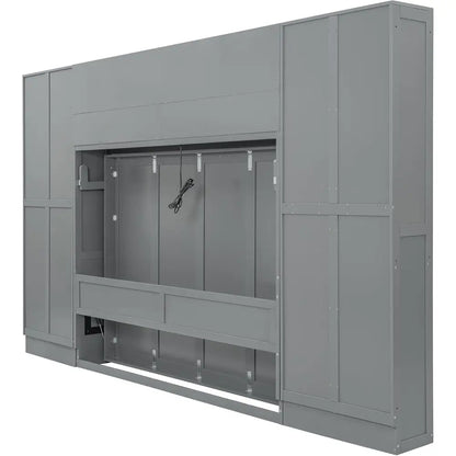 Grey Queen-Size Horizontal Murphy Bed with Desk, Storage Wardrobe, Drawers, and Shelves for Bedroom or Office