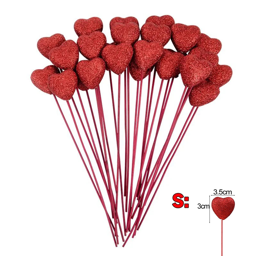 Glitter Foam Hearts Picks Stick Valentine's Day Flower Bouquet Home Vase Pick Wedding Cake Topper Decor Bouquet Glitter Ornament