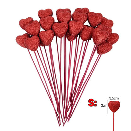 Glitter Foam Hearts Picks Stick Valentine's Day Flower Bouquet Home Vase Pick Wedding Cake Topper Decor Bouquet Glitter Ornament