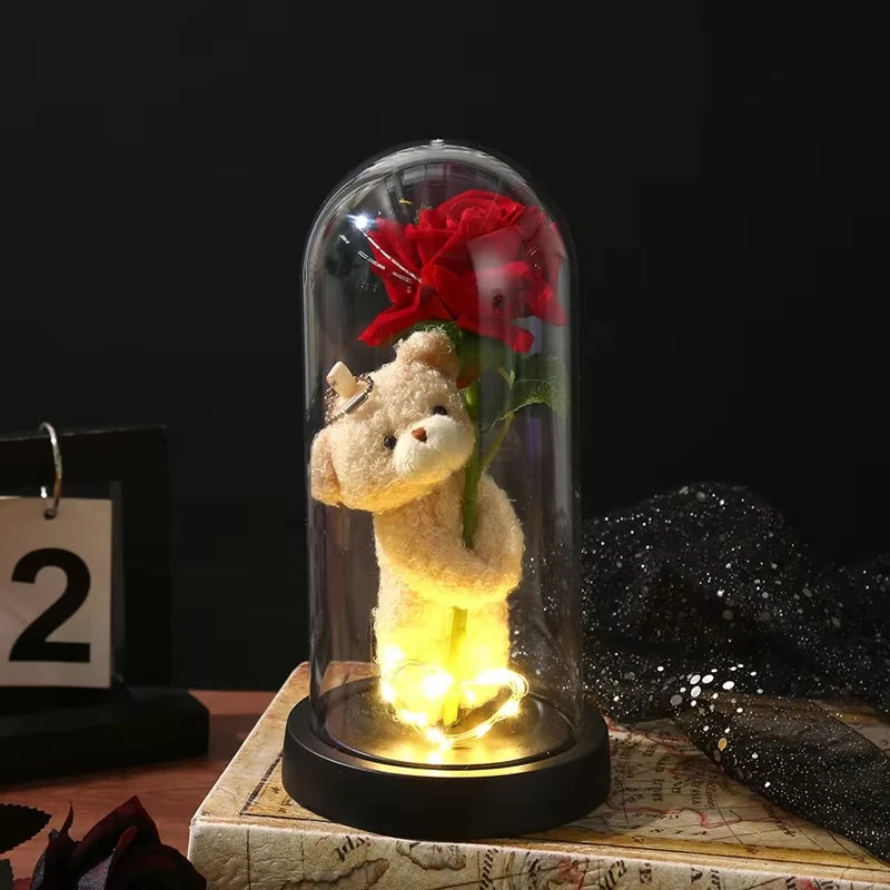Eternal Rose in Glass Dome Artificial Flower with Bear Desk Accessories Christmas Valentine's Day Gifts Party Favors