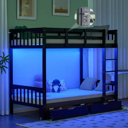 Twin Over Twin Solid Wood Bunk Bed with Storage Drawers, RGB LED, Charging Station, and Safety Rail for Kids - Black