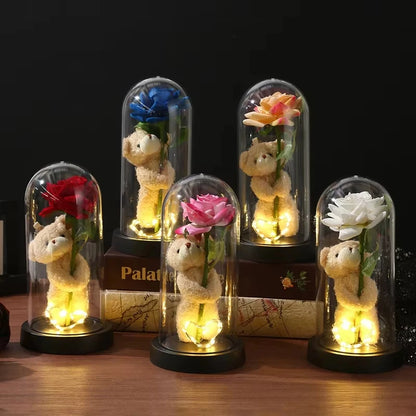 Eternal Rose in Glass Dome Artificial Flower with Bear Desk Accessories Christmas Valentine's Day Gifts Party Favors