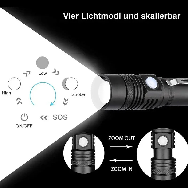Outdoor Tactical Zoom Camping Waterproof Flash Light Aluminum Alloy Portable Torch Powerful LED Flashlight USB ReChargeable
