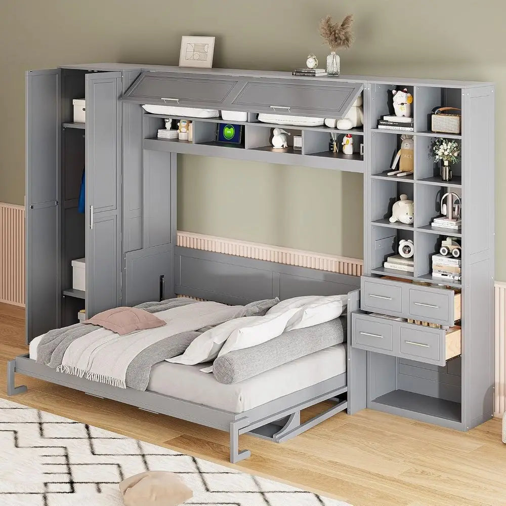 Grey Queen-Size Horizontal Murphy Bed with Desk, Storage Wardrobe, Drawers, and Shelves for Bedroom or Office