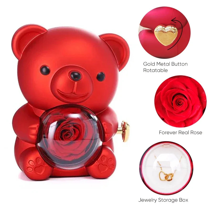 New Rotating Hugging Bear Rose Jewelry Box Eternal Flower Gift Box for Girl Mother's Day Valentine's Day Christmas Gift