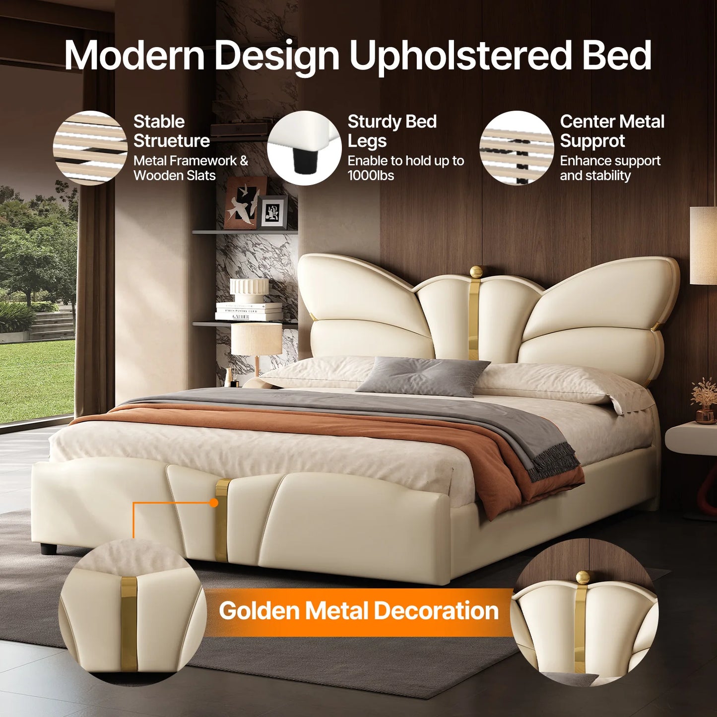 Queen Size Upholstered PU Leather Bed Frame with Butterfly HeadboardandFootboard, Modern Platform Bed with Gold Metal Accents, W