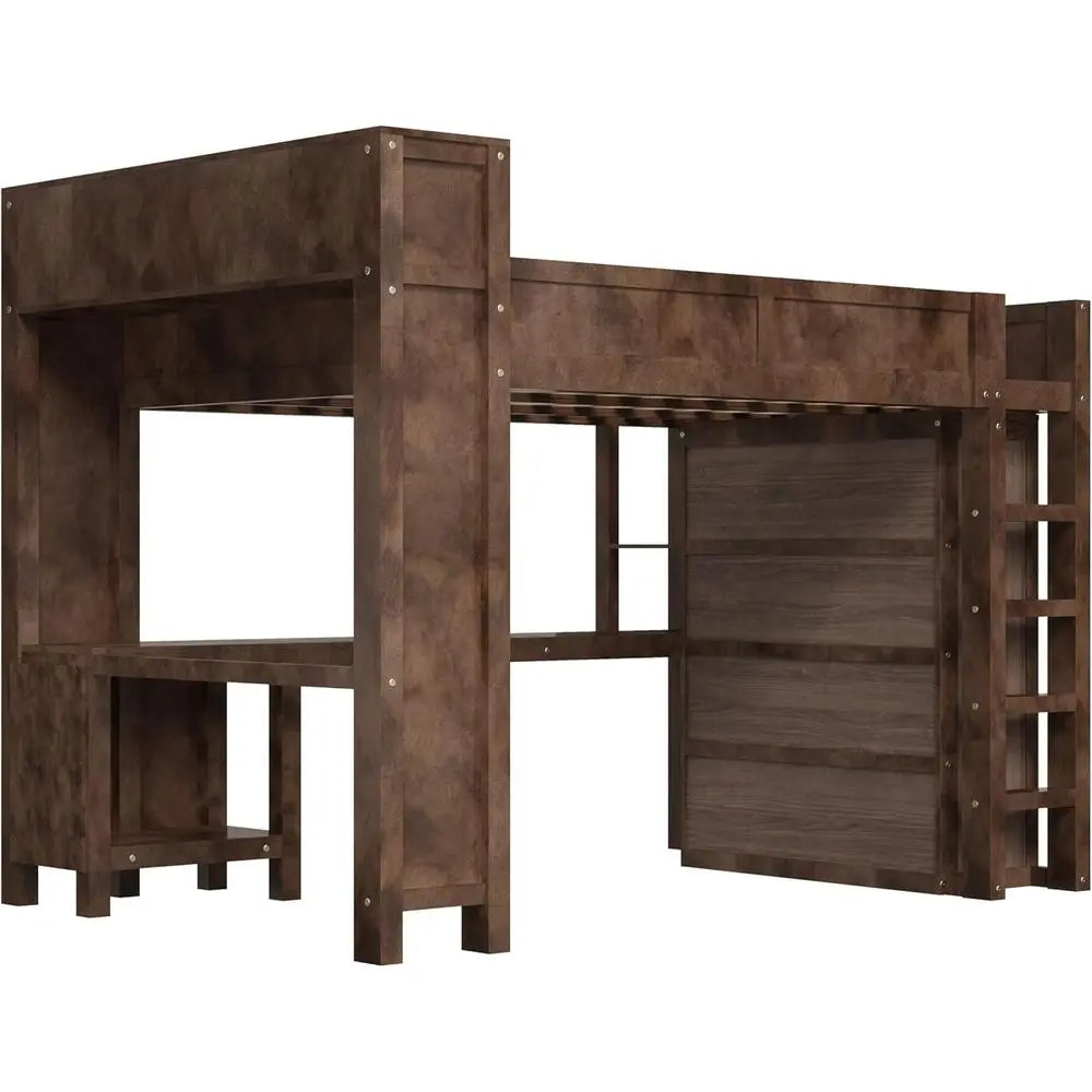 Queen-Sized Wooden Bed with Built-in Wardrobe, Desk, Storage, and USB Ports - Modern Space-Saving Design for Compact Rooms (Brow