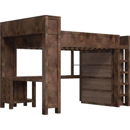 Queen-Sized Wooden Bed with Built-in Wardrobe, Desk, Storage, and USB Ports - Modern Space-Saving Design for Compact Rooms (Brow