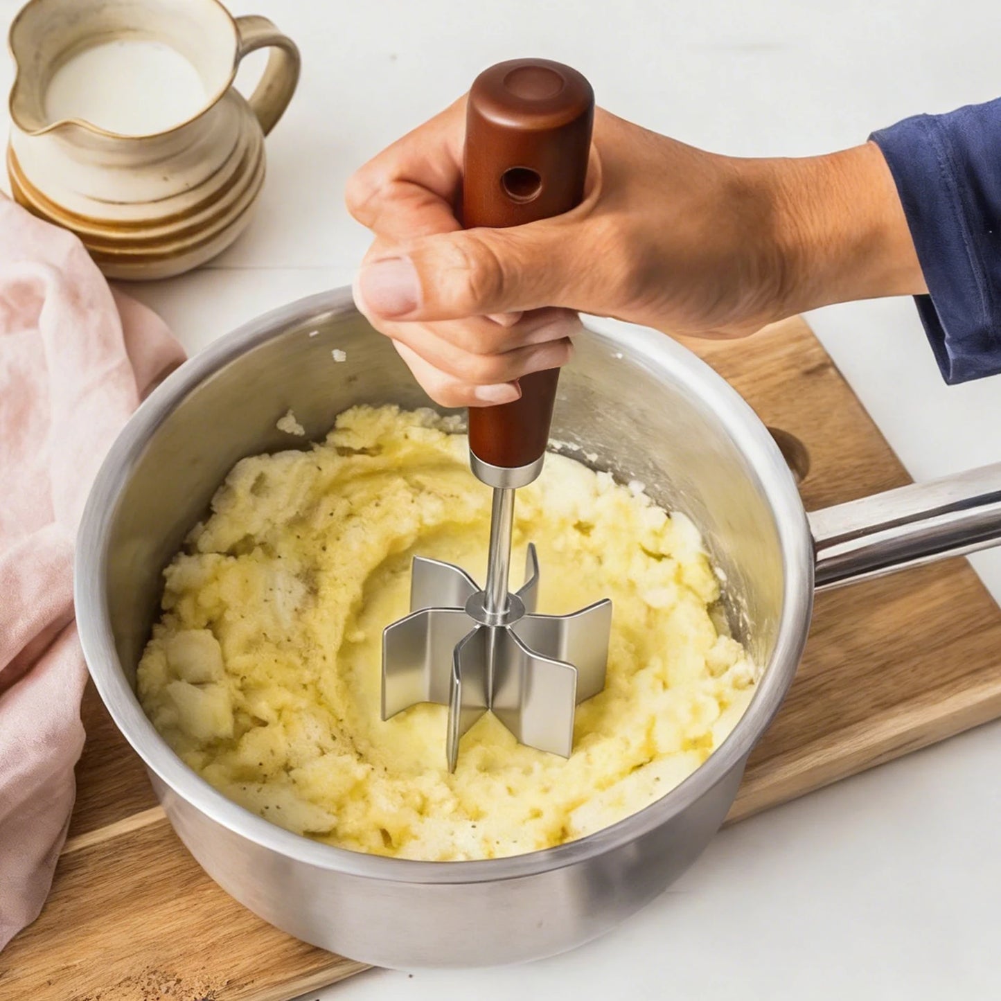 Stainless Steel Meat Chopper Masher Heavy Duty 6 Curve Blades Ground Beef Chopper Tool with Wooden Handle Heat Resistant Meat