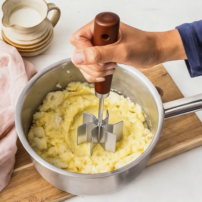Stainless Steel Meat Chopper Masher Heavy Duty 6 Curve Blades Ground Beef Chopper Tool with Wooden Handle Heat Resistant Meat