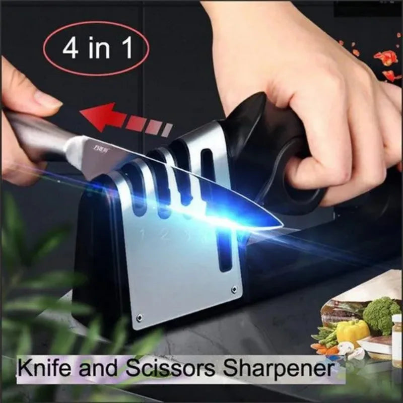 Professional 4-in-1 Knife & Scissors Sharpener with Diamond Blades - Fast Sharpening, Ergonomic Handle, Portable for Kitchen