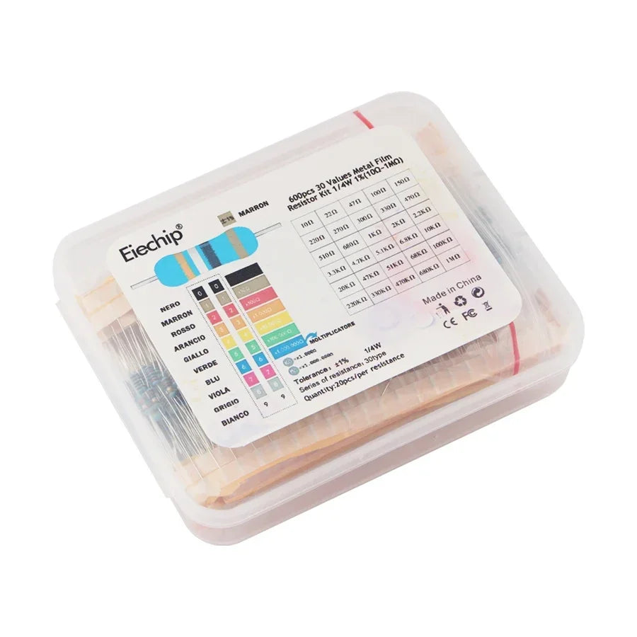 300/600pcs 1% Resistor Set Resistance 1/4W Metal Film Resistors Kit 10Ohm ~1M Ohm 30Values Electronic Components Kit