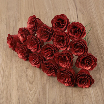 5-20Pcs Red Glitter Artificial Rose Flowers Bouquet Wedding Bridal Shower Decoration Valentines Day Gift Birthday Party Decor