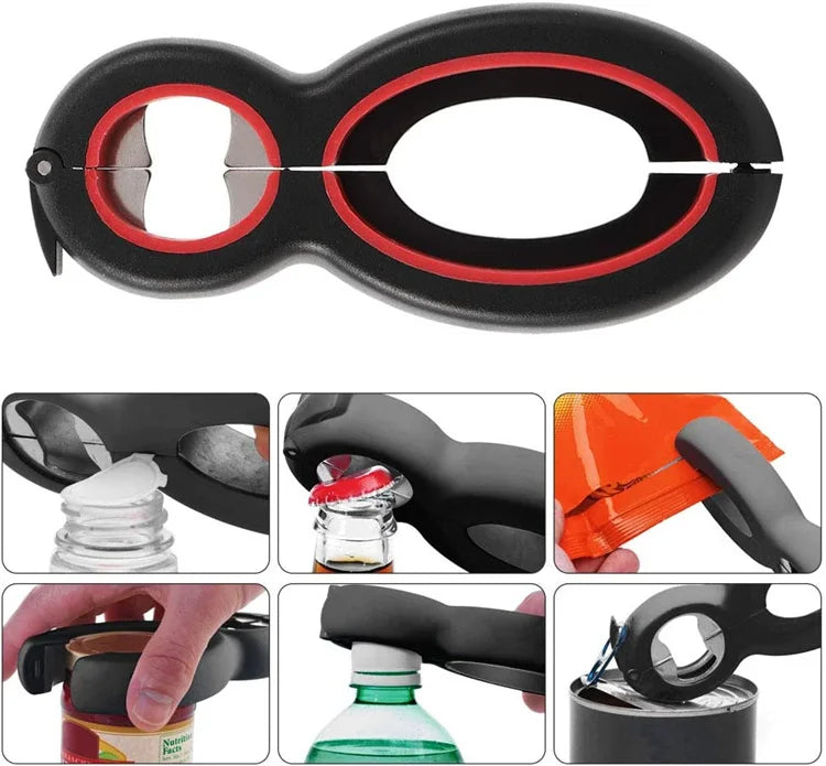 LMETJMA Multifunctional  6 in 1 Can Opener Simple Beer Bottle Opener Jar Gripper Can Beer Lid Twist Off Opener JT05