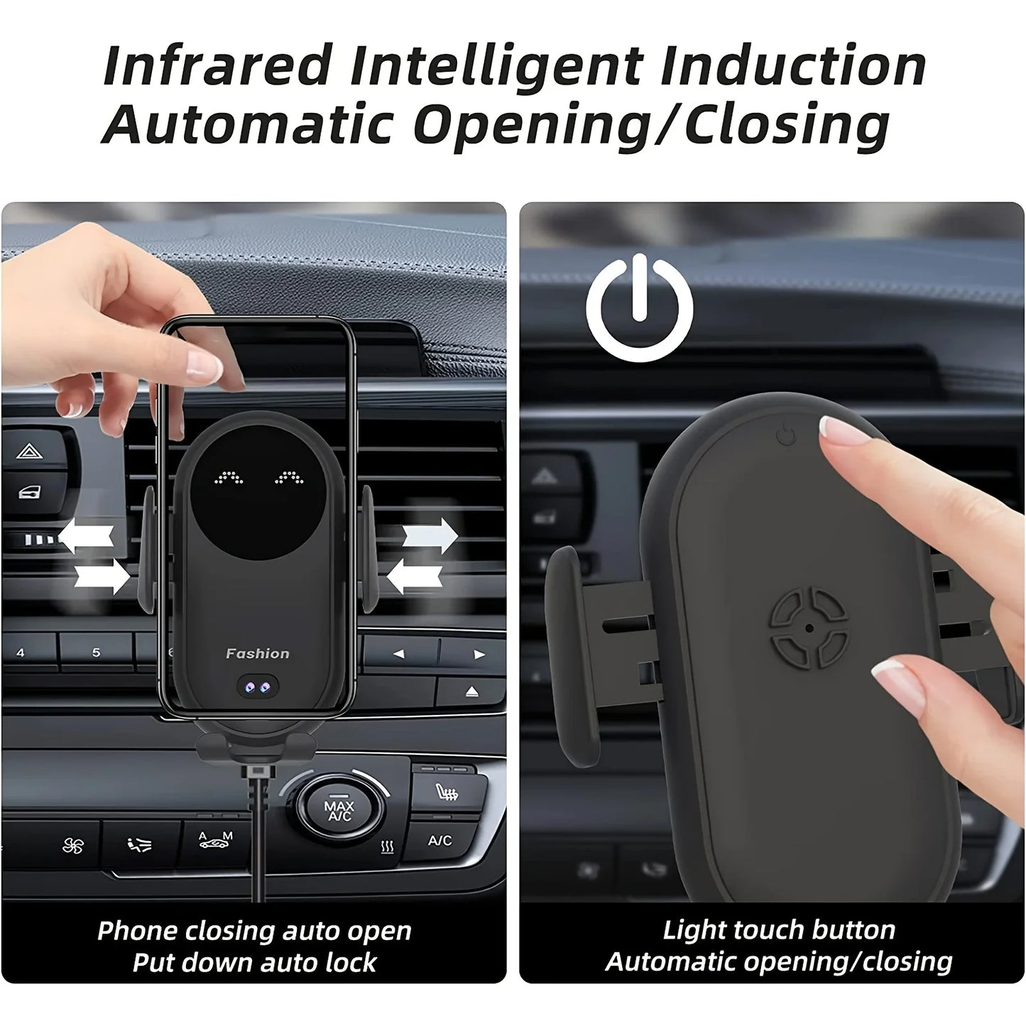 Wireless Car Charger with Auto-Clamping Phone Holder - USB-Powered, Fast Charging, with Type-C Cable, Wireless Phone Charger