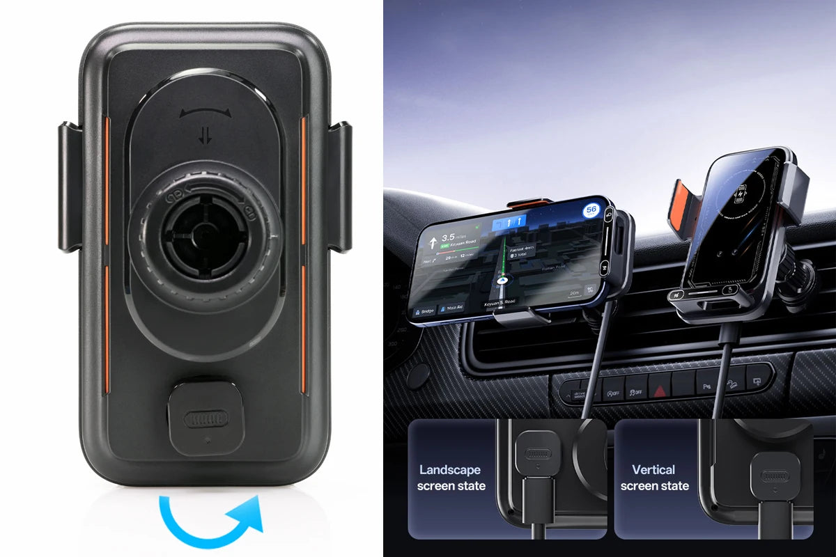 Smart Sensing Car Phone Holder 15W Qi Wireless Charging Motorized Rotation One-Touch Release & Clamping Rotatable Cable Port