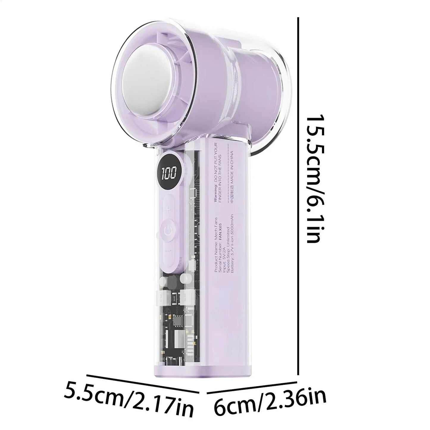 Portable Handheld Fan Transparent 100 Speeds USB Rechargeable 3000mAh Mini Portable Personal Fan for Home Office Travel Picnic