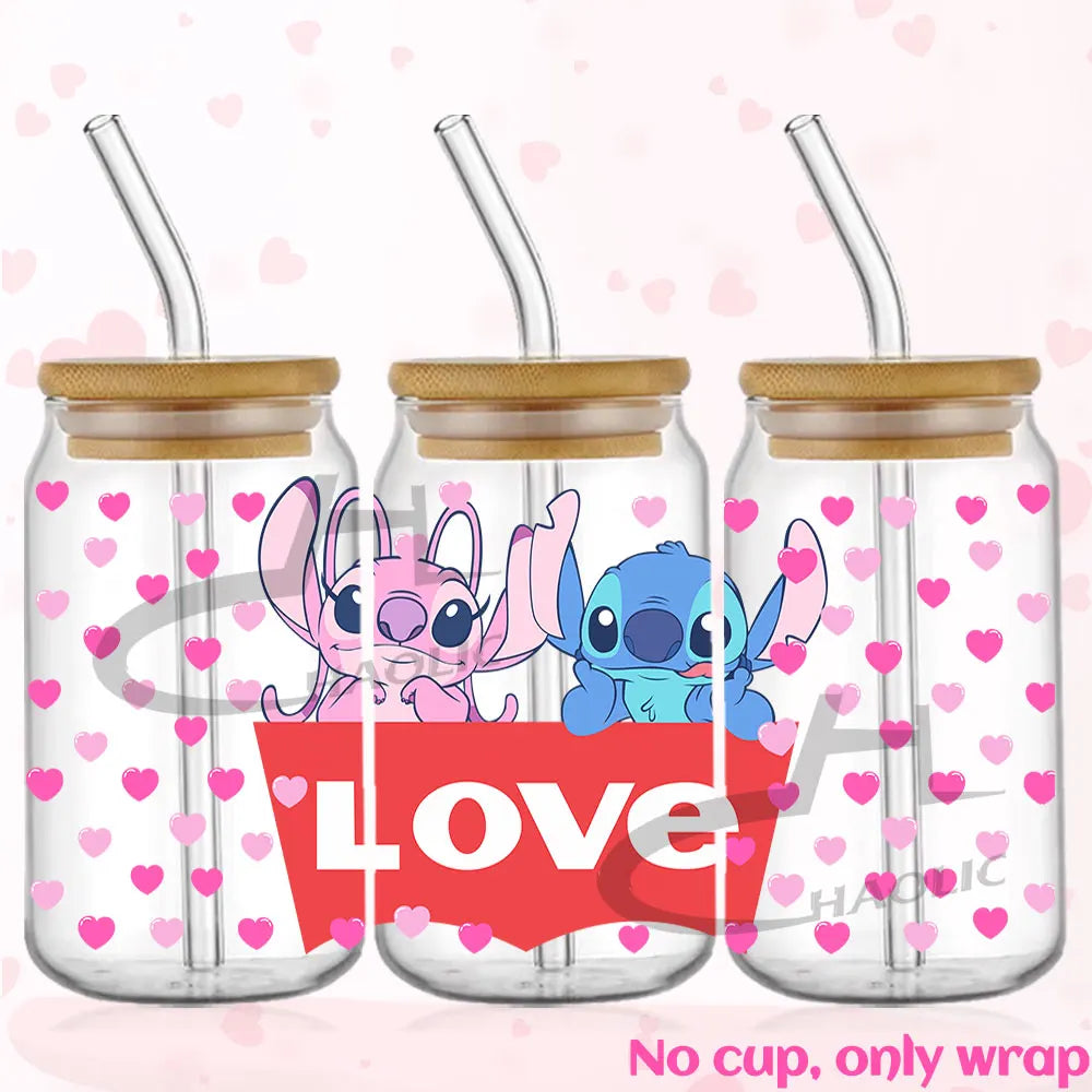 Valentine's Day Stitch 16oz UV DTF Cup Wrap Libbey Glass Can Tumbler UV Wrap Transfer Sticker Waterproof Adhesive Without Cup
