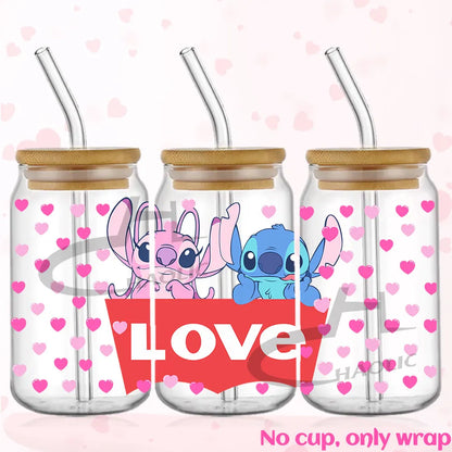 Valentine's Day Stitch 16oz UV DTF Cup Wrap Libbey Glass Can Tumbler UV Wrap Transfer Sticker Waterproof Adhesive Without Cup