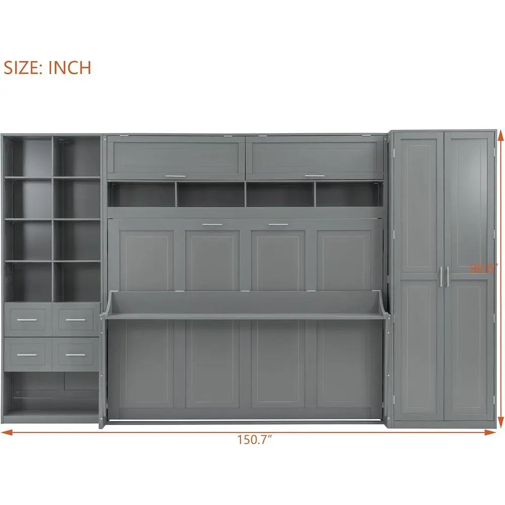 Grey Queen-Size Horizontal Murphy Bed with Desk, Storage Wardrobe, Drawers, and Shelves for Bedroom or Office
