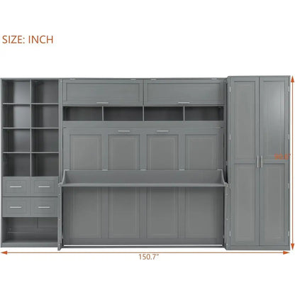 Grey Queen-Size Horizontal Murphy Bed with Desk, Storage Wardrobe, Drawers, and Shelves for Bedroom or Office