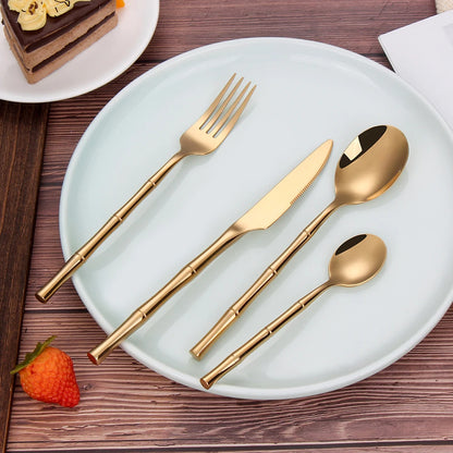 6/24/30Pcs Stainless Steel 304 Tableware Gold Cutlery Set Western Bamboo Shaped Handle Knife Fork Spoon Mirror Dinner Set