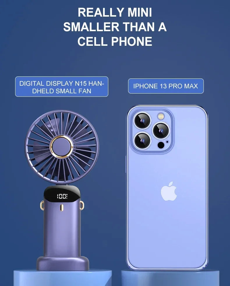 Portable Handheld Mini Fan Foldable Neck Hanging Fans 5 Speed USB Rechargeable Fan with Phone Stand and Display Screen 1800mAh