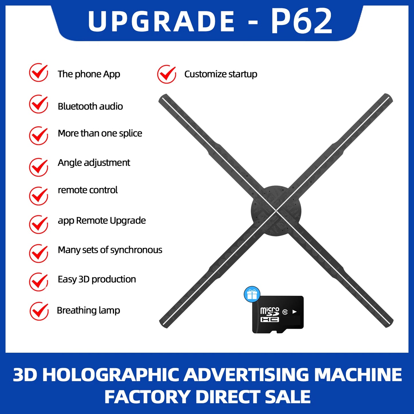 3d Hologram Fan,24.4" 2000*1444px Resolution 722 Pcs Hd Led Beads Hologram Fan Projector Advertising Display Support App+Bluetoo