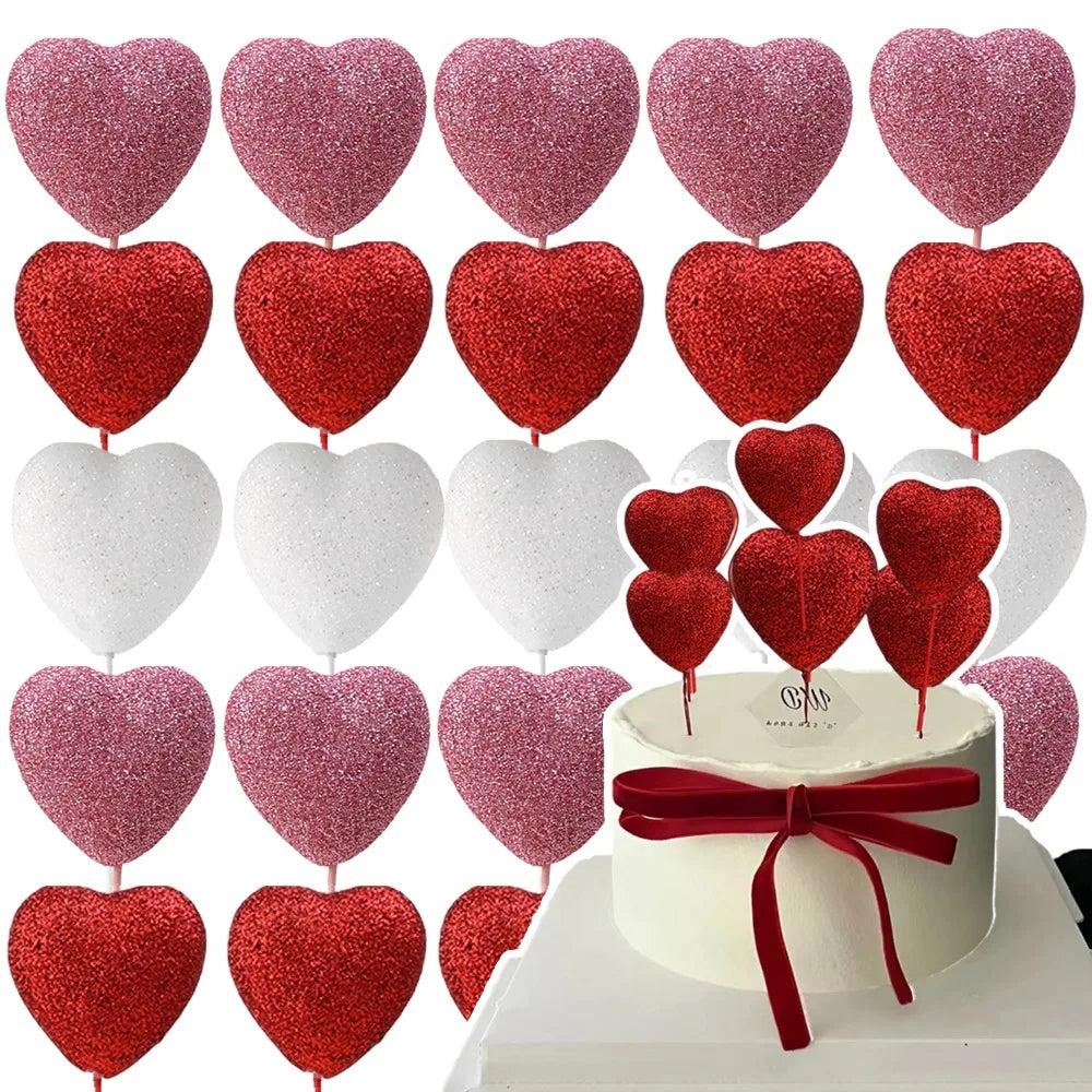 Glitter Foam Hearts Picks Stick Valentine's Day Flower Bouquet Home Vase Pick Wedding Cake Topper Decor Bouquet Glitter Ornament