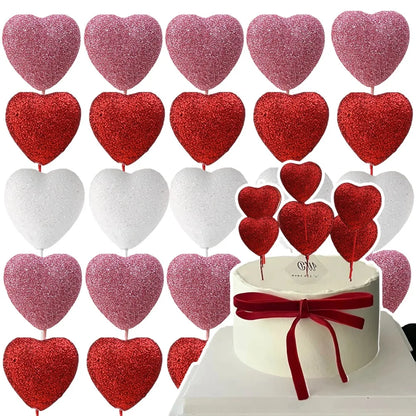 Glitter Foam Hearts Picks Stick Valentine's Day Flower Bouquet Home Vase Pick Wedding Cake Topper Decor Bouquet Glitter Ornament
