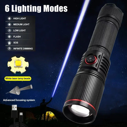 30W White Laser LED Flashlight Zoom Torch USB Rechargeable Light Outdoor Camping Hunting Fishing Walking Riding Lighting Lamp