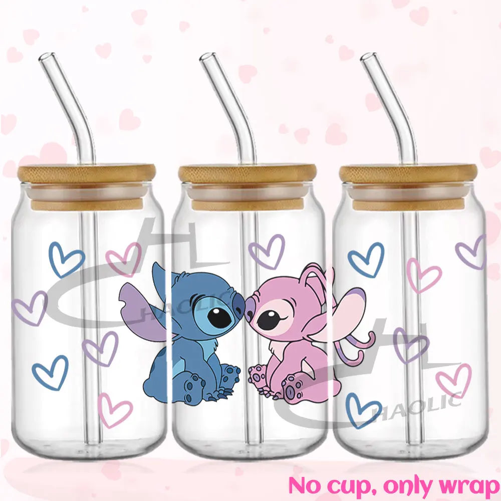 Valentine's Day Stitch 16oz UV DTF Cup Wrap Libbey Glass Can Tumbler UV Wrap Transfer Sticker Waterproof Adhesive Without Cup