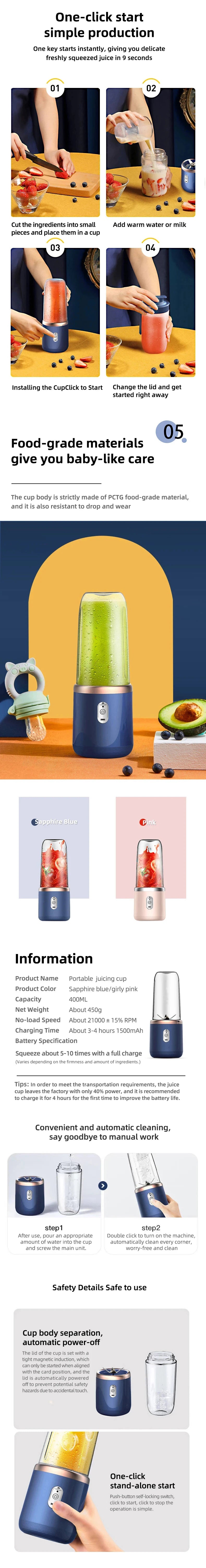Portable USB Personal Mini Juicer Cup Handheld Travel Blender Single Double Cups for Water Bottles
