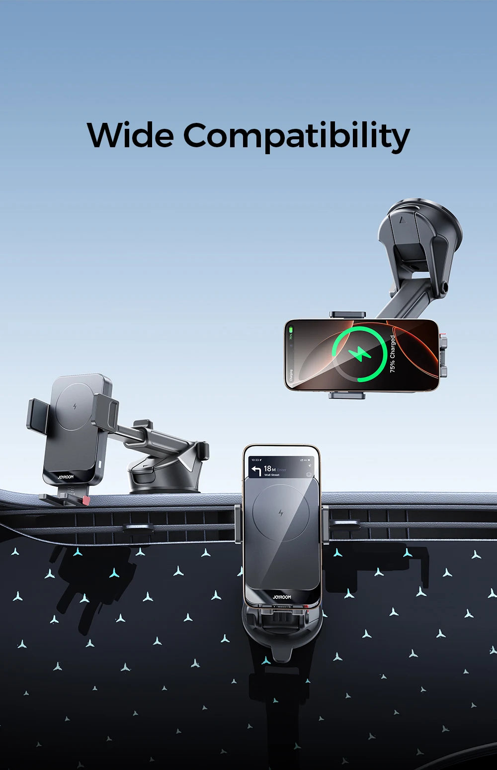 Joyroom Car Phone Holder 15W Wireless Charging Car Holder Charger 360° Rotation One-Hand Operation Car Phone Mount For  4.7-7''