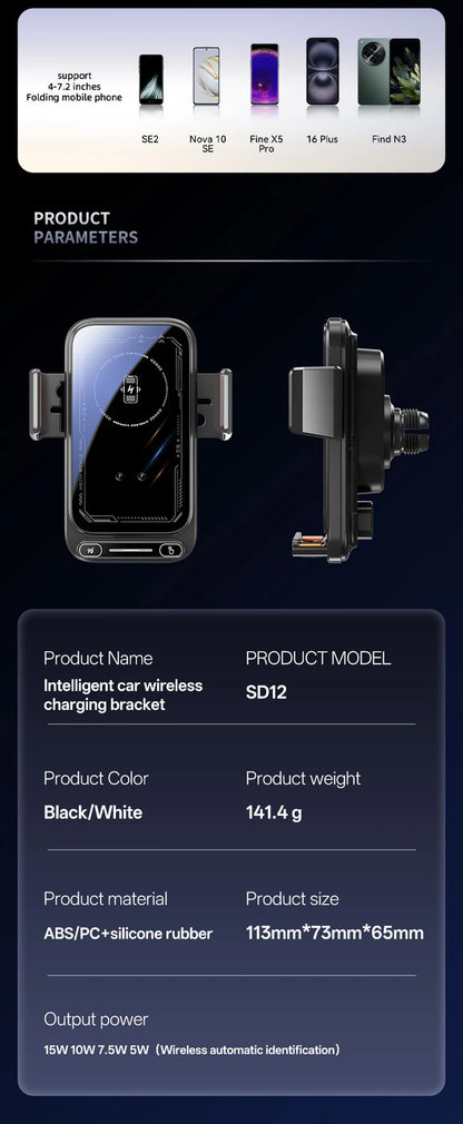 Smart Sensing Car Phone Holder 15W Qi Wireless Charging Motorized Rotation One-Touch Release & Clamping Rotatable Cable Port