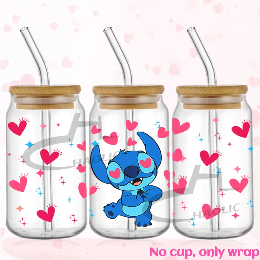 Valentine's Day Stitch 16oz UV DTF Cup Wrap Libbey Glass Can Tumbler UV Wrap Transfer Sticker Waterproof Adhesive Without Cup