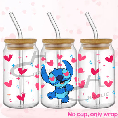 Valentine's Day Stitch 16oz UV DTF Cup Wrap Libbey Glass Can Tumbler UV Wrap Transfer Sticker Waterproof Adhesive Without Cup