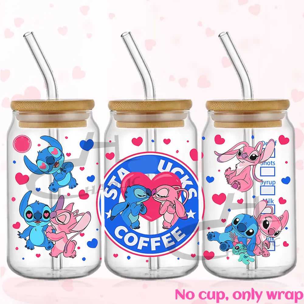 Valentine's Day Stitch 16oz UV DTF Cup Wrap Libbey Glass Can Tumbler UV Wrap Transfer Sticker Waterproof Adhesive Without Cup