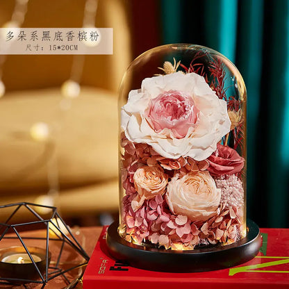Eternal Flowers Preserved Rose In Glass Dome Cover Artificial Flower with Light Valentine's Day Christmas for Women Gift Box