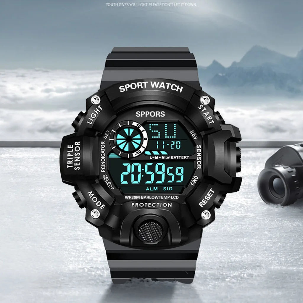 Fashion Men's Watch Sports Electronic Wristwatch Large dial Multifunctional Waterproof Luminous Alarm Kids Male's Military Watch