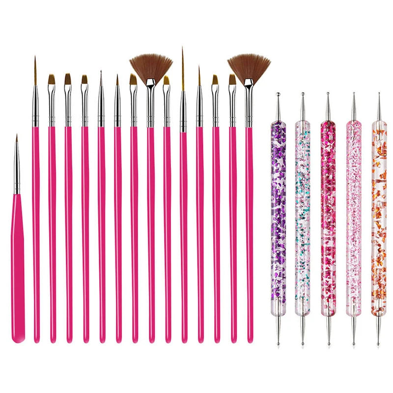 5/20Pcs Nail Art Brush Design Tip Painting Drawing Carving Dotting Pen FlatFan Liner Acrylic Gel UV Polish Manicure Tools