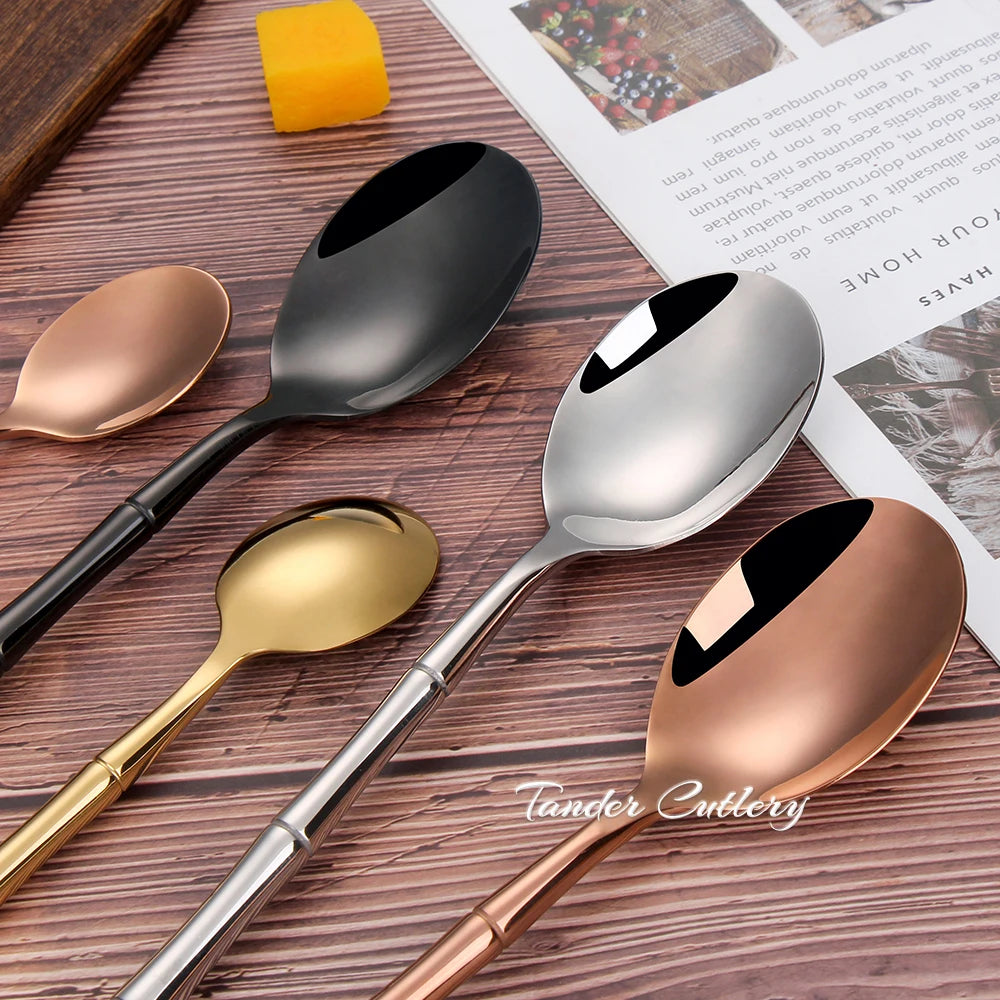 6/24/30Pcs Stainless Steel 304 Tableware Gold Cutlery Set Western Bamboo Shaped Handle Knife Fork Spoon Mirror Dinner Set