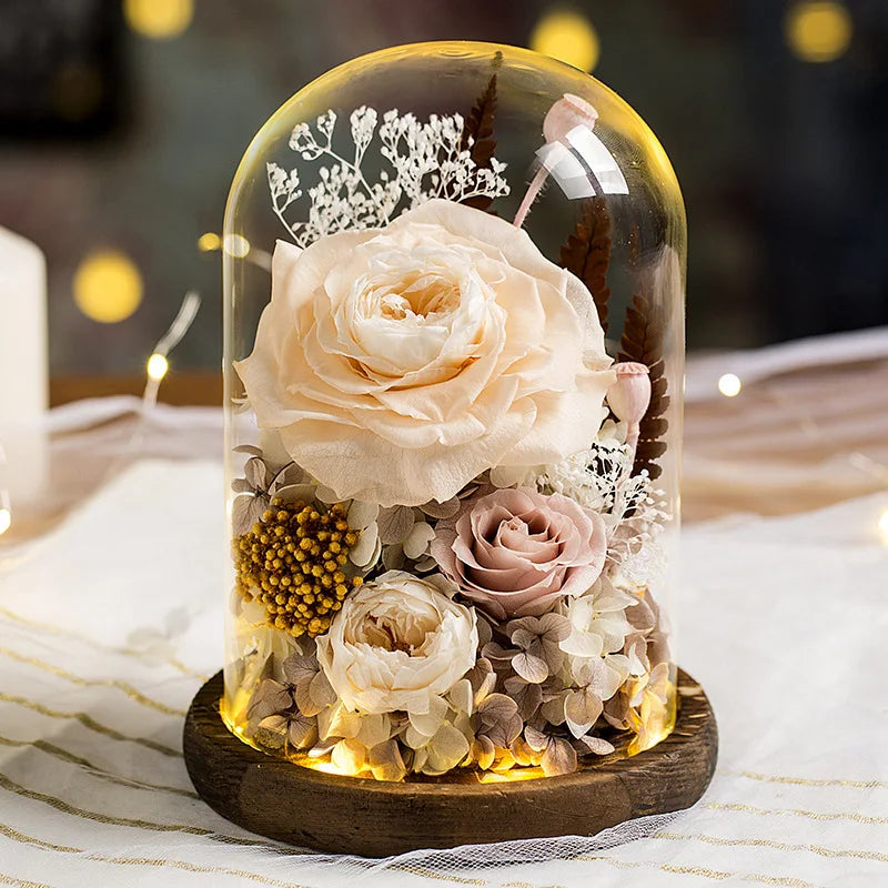 Eternal Flowers Preserved Rose In Glass Dome Cover Artificial Flower with Light Valentine's Day Christmas for Women Gift Box