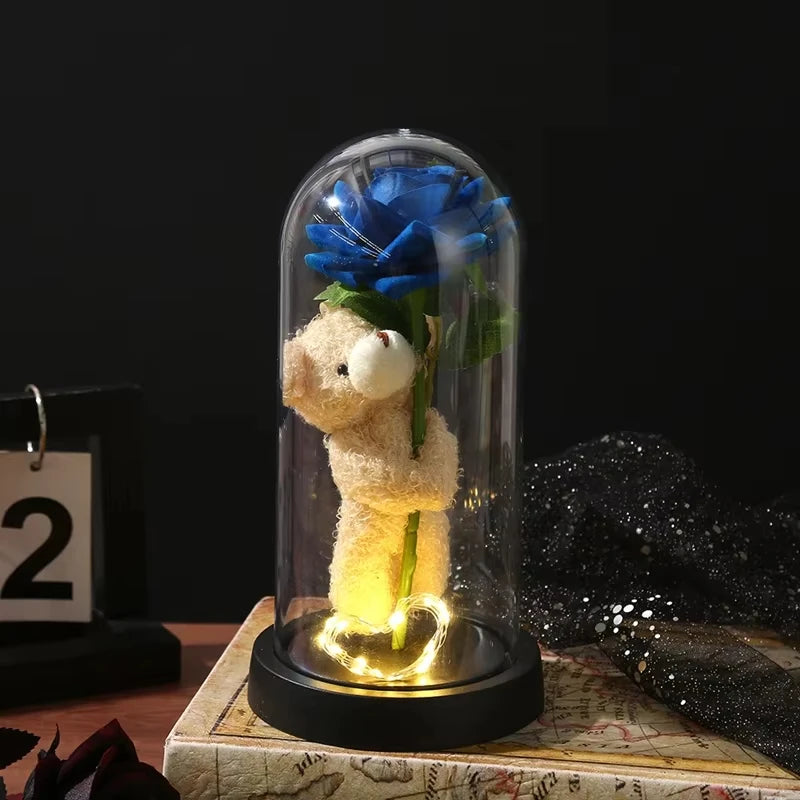 Eternal Rose in Glass Dome Artificial Flower with Bear Desk Accessories Christmas Valentine's Day Gifts Party Favors