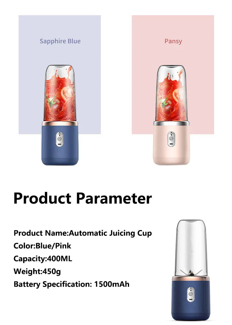 Portable Juicer Blender 400ml Electric Fruit Juicer USB Charging Lemon Orange Fruit Juicing Cup Smoothie Blender Machine 2cups