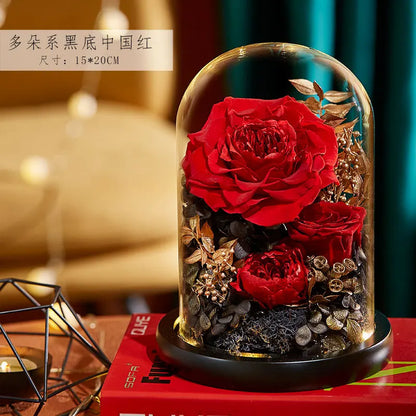 Eternal Flowers Preserved Rose In Glass Dome Cover Artificial Flower with Light Valentine's Day Christmas for Women Gift Box