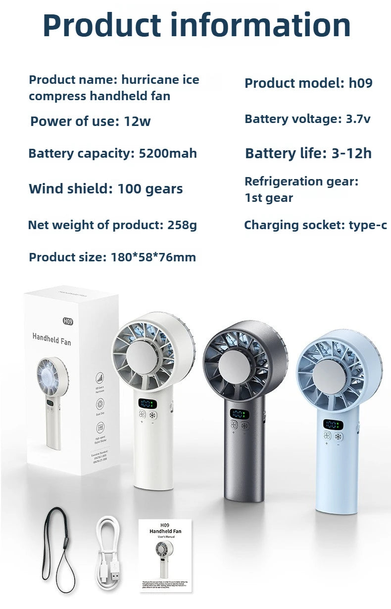 Ice compress high-speed cooling fan handheld fans USB Rechargeable portable mini fan Folding style for Travel,Camping,Outdoor
