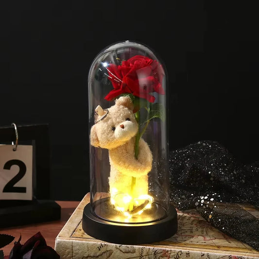 Eternal Rose in Glass Dome Artificial Flower with Bear Desk Accessories Christmas Valentine's Day Gifts Party Favors