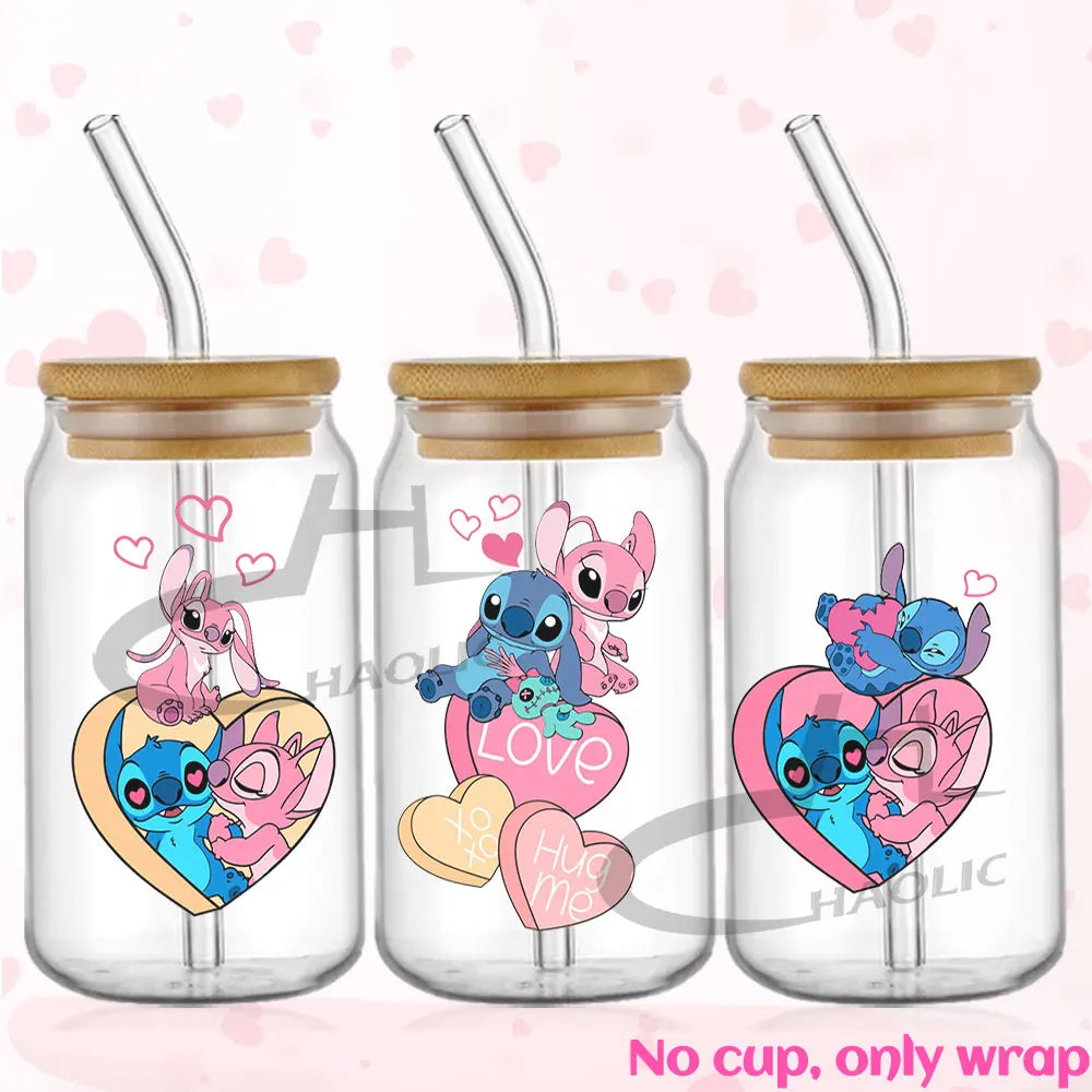 Valentine's Day Stitch 16oz UV DTF Cup Wrap Libbey Glass Can Tumbler UV Wrap Transfer Sticker Waterproof Adhesive Without Cup